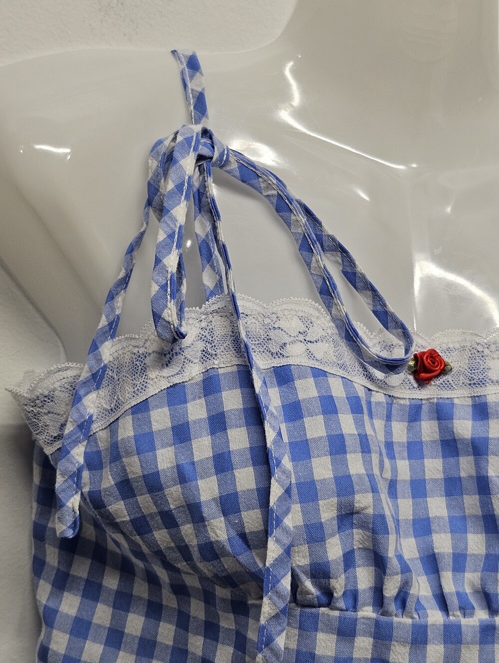 Y2K Blue Gingham Lace Trim Tie Strap Cami Top Rose Detail Size S Cottagecore - Picture 9 of 10